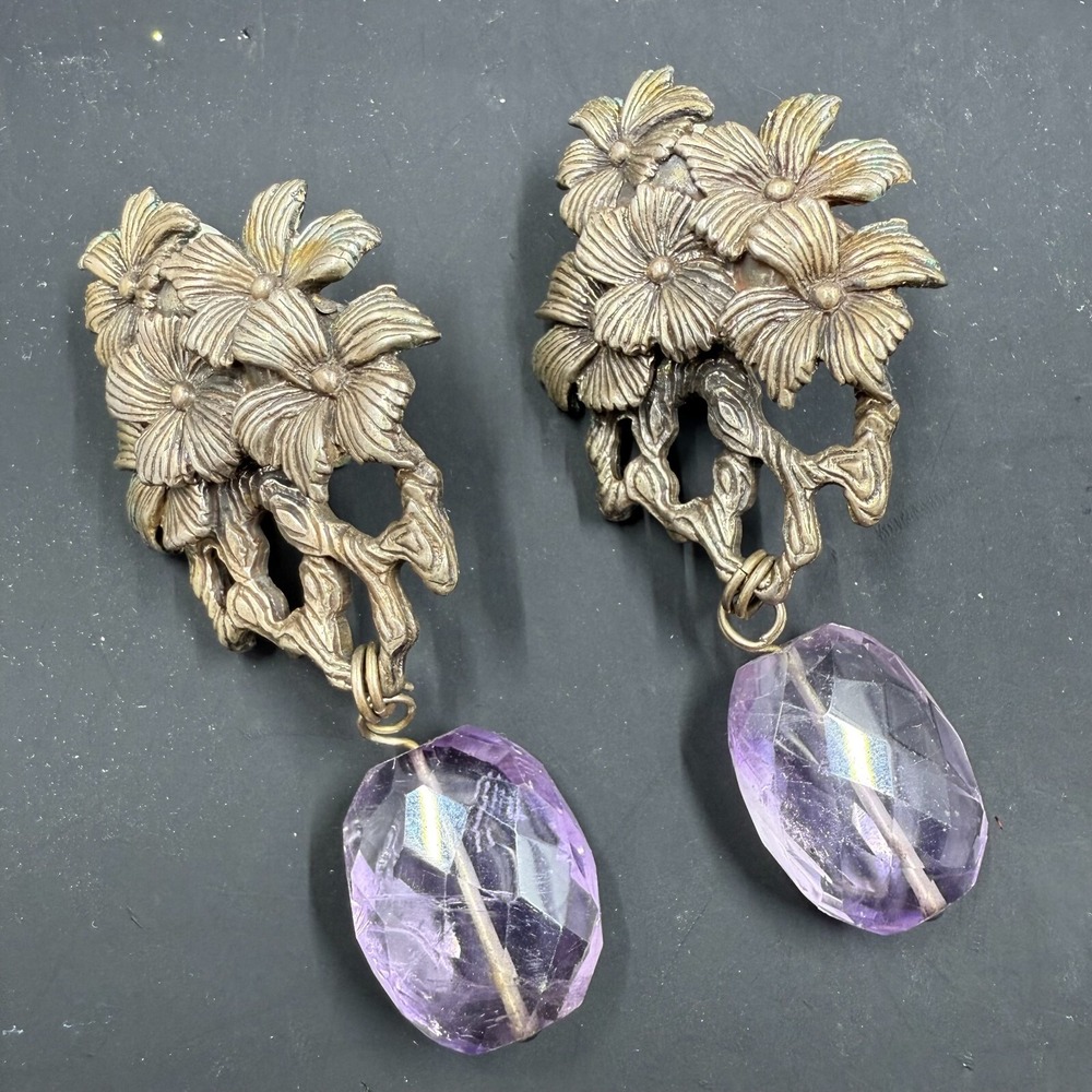 Stephen Dweck 1989 Sterling Silver Floral Clip Earrings with Amethyst Drops 2.75